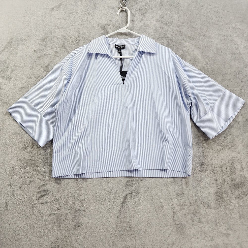 NEW Modern Works Top Womens M Blue Stripe Collared Short Sleeve Boxy Blouse